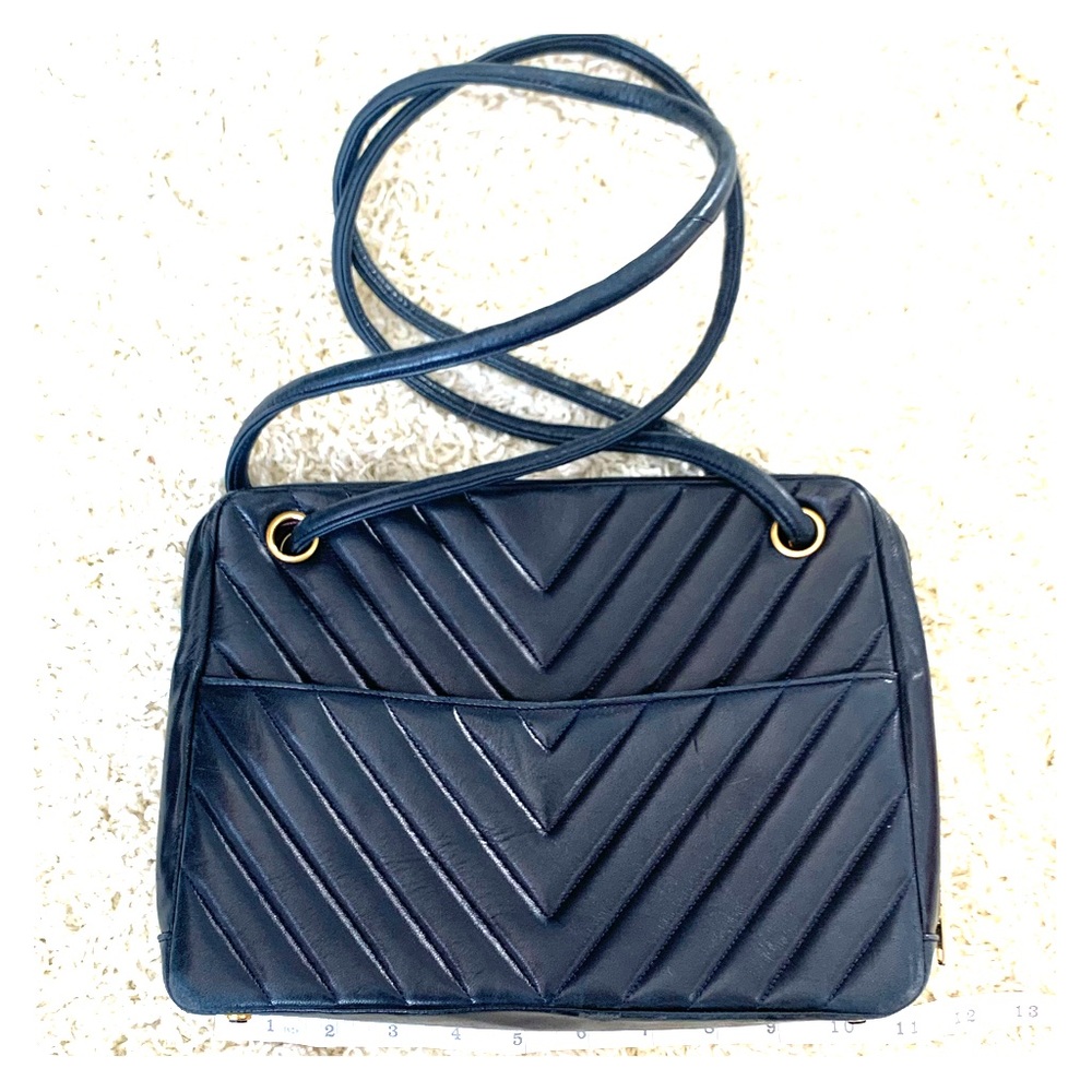 Navy and Red Herringbone Vintage Chanel Handbag